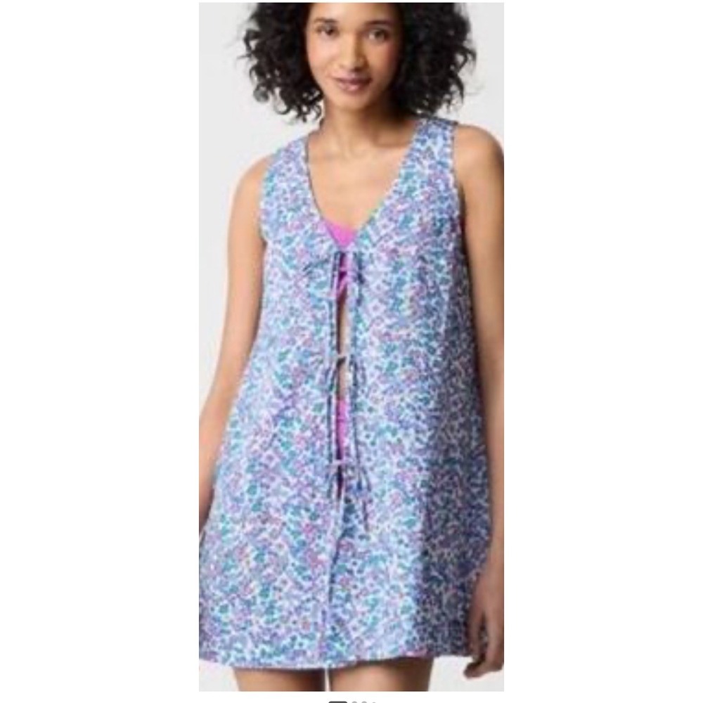 J.Crew Tie-Front Beach Cover-Up Dress Floral Cotton Blue Purple Size XS